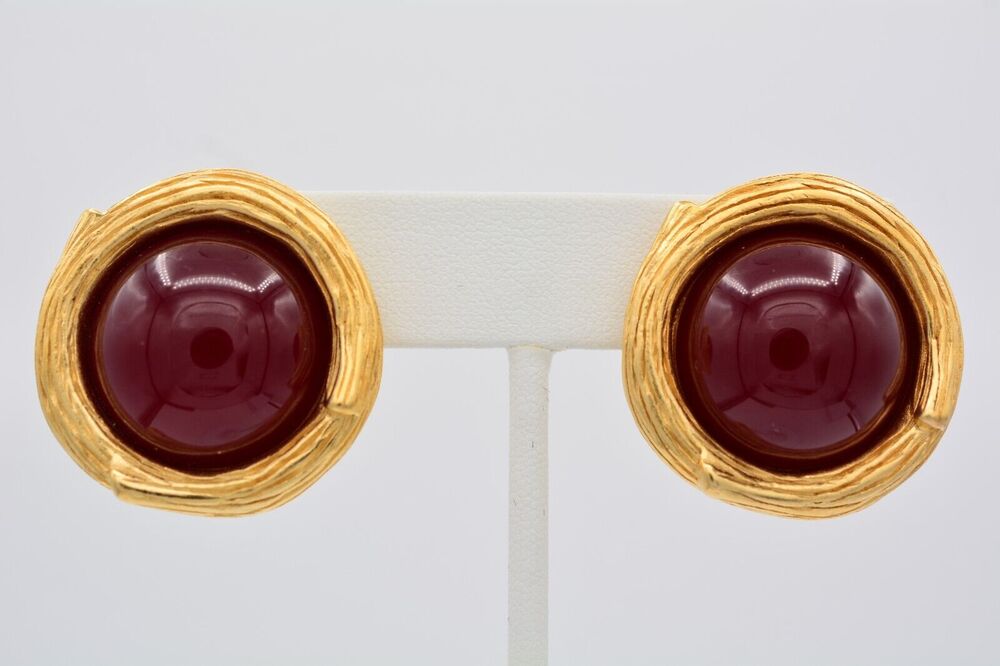 Givenchy Vintage Round Cabochon Clip On Earrings Red Glass Gold Signed 80s BinAV